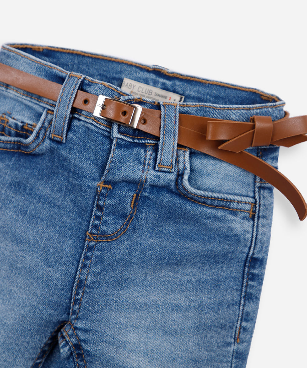 calça flare jeans infantil com cinto azul