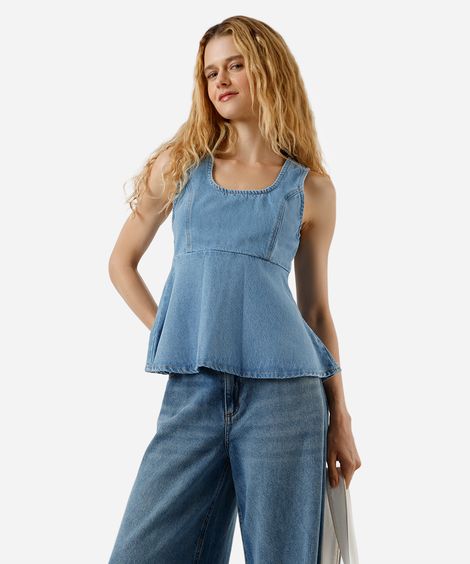 blusa peplum feminina jeans com recorte azul