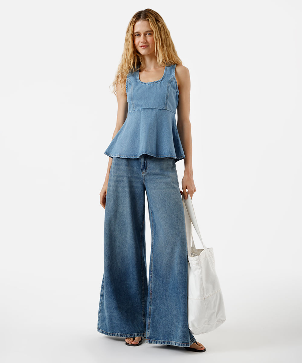 blusa peplum feminina jeans com recorte azul