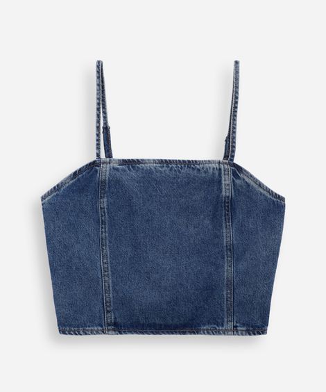 top alça fina juvenil jeans com recortes azul