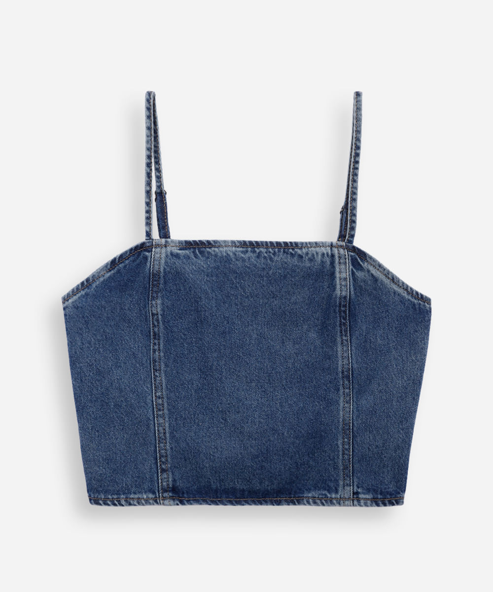 top alça fina juvenil jeans com recortes azul