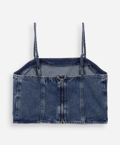 top alça fina juvenil jeans com recortes azul