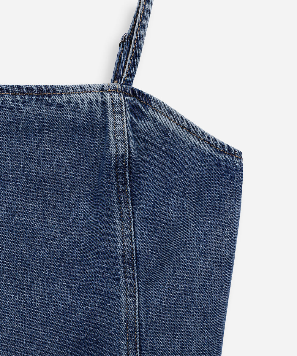 top alça fina juvenil jeans com recortes azul