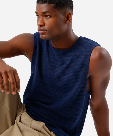 regata masculina de tricot texturizada azul