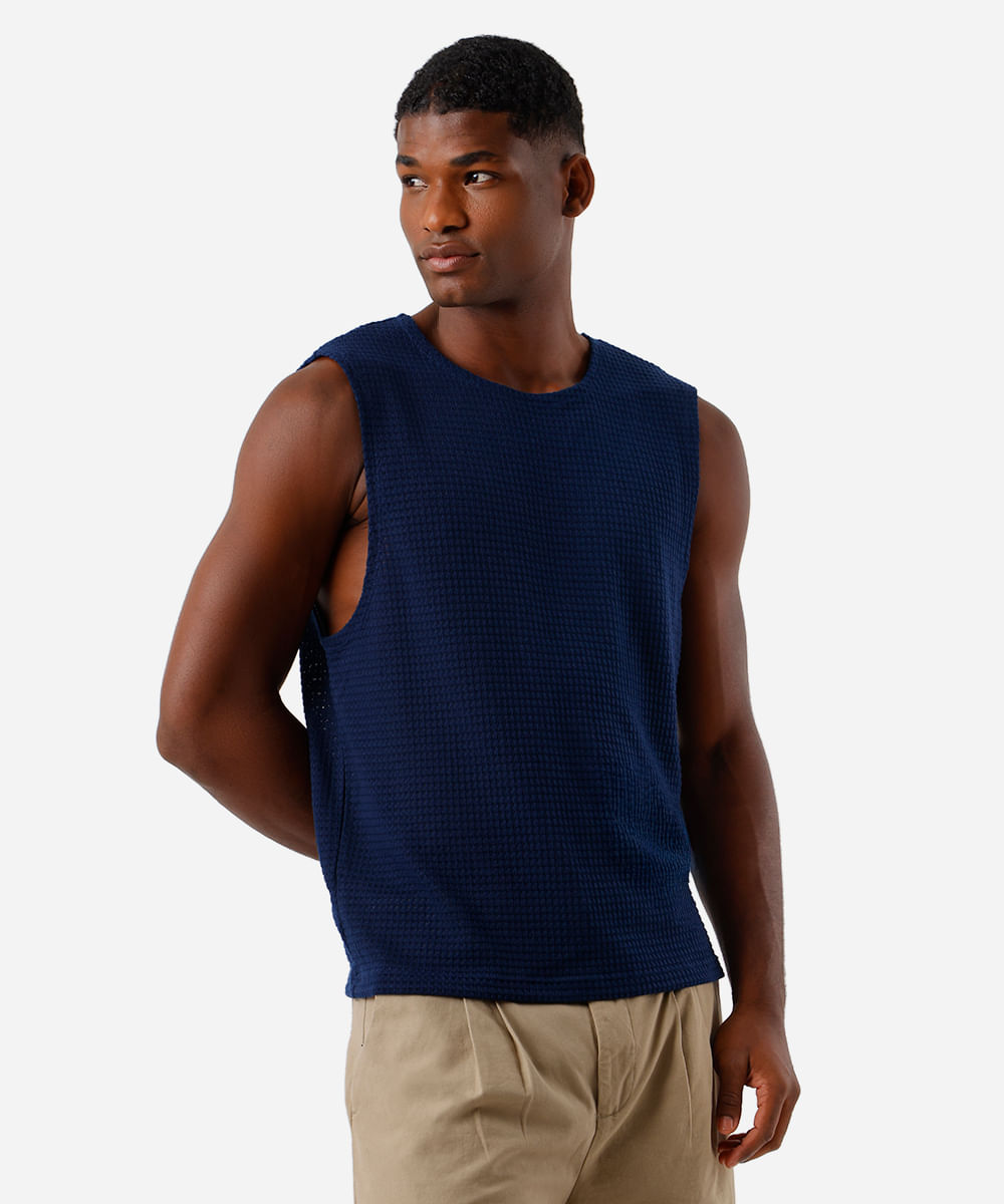 regata masculina de tricot texturizada azul