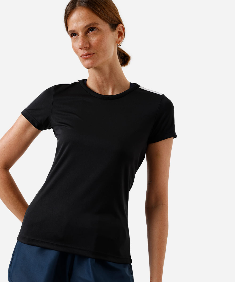 camiseta esportiva feminina com listras preto