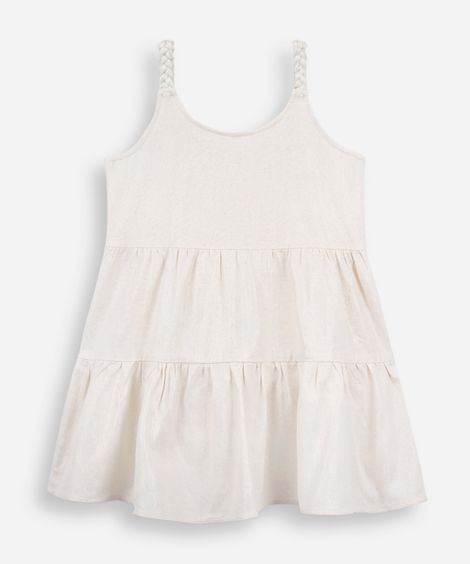 vestido infantil de linho com alça trançada de lurex bege