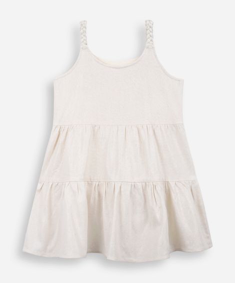vestido infantil de linho com alça trançada de lurex bege
