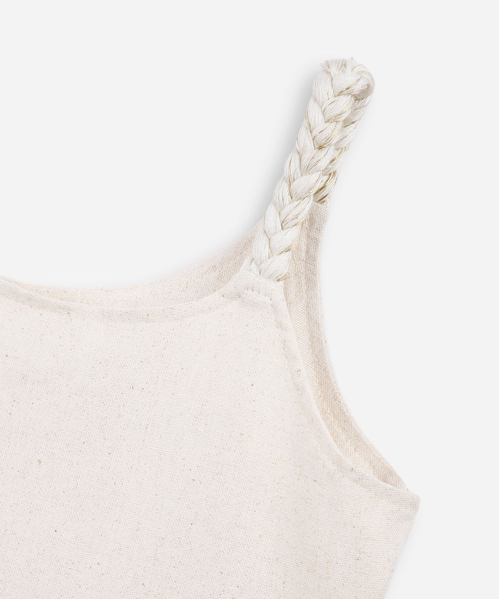 vestido infantil de linho com alça trançada de lurex bege