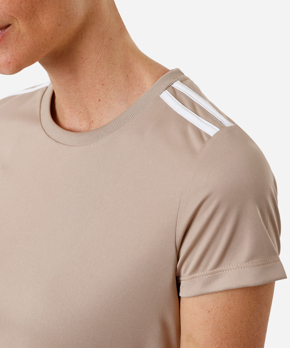 camiseta esportiva feminina com listras bege
