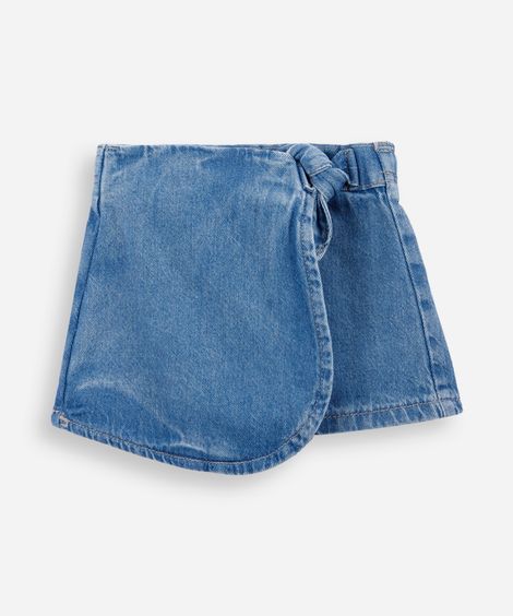 short saia infantil jeans com amarração azul