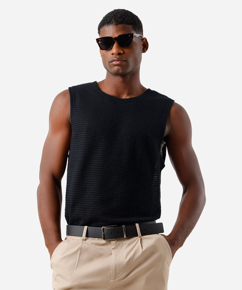 regata masculina de tricot texturizada preta