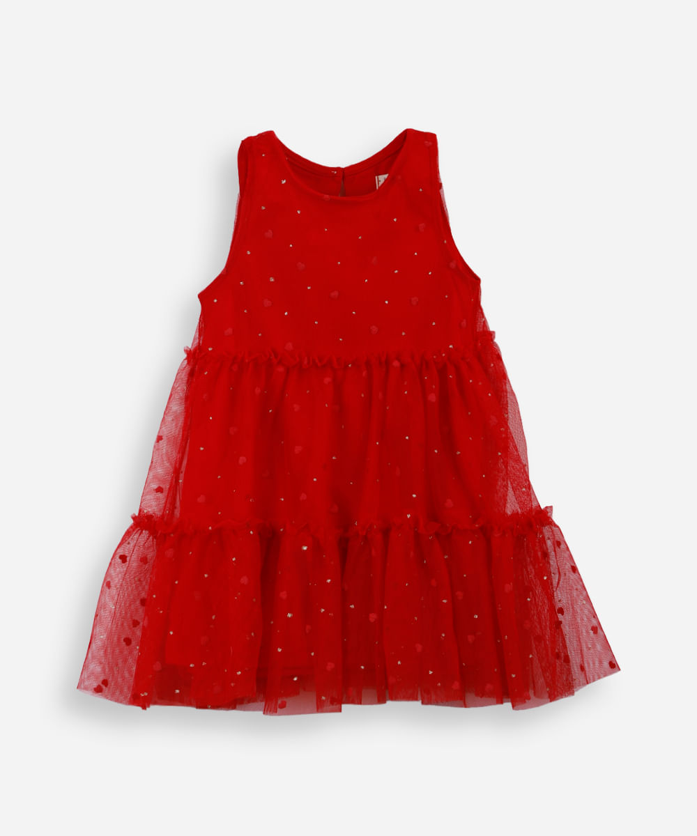 vestido infantil de tule com recortes e brilhos vermelho