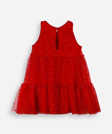 vestido infantil de tule com recortes e brilhos vermelho