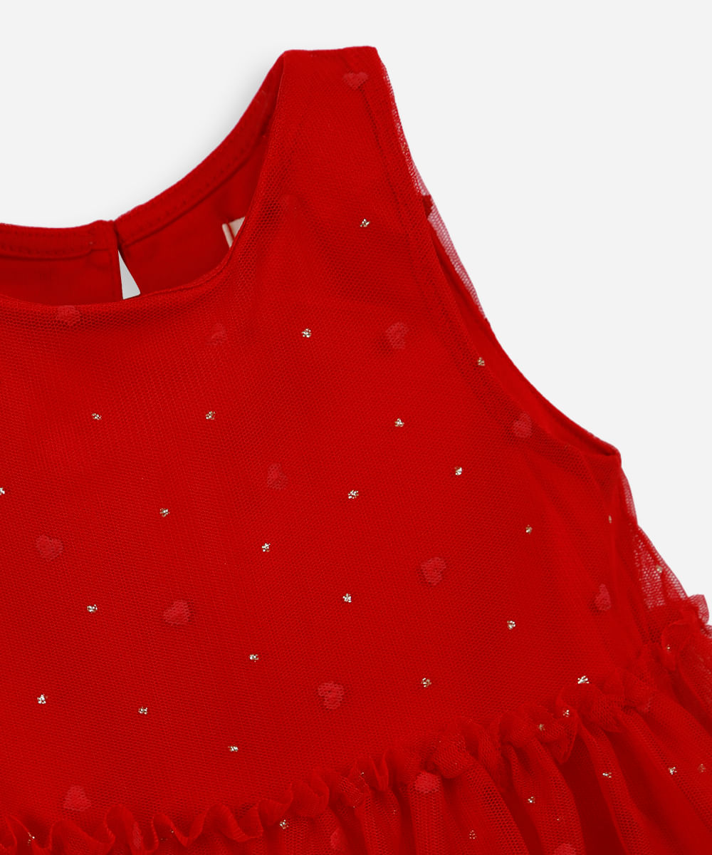 vestido infantil de tule com recortes e brilhos vermelho