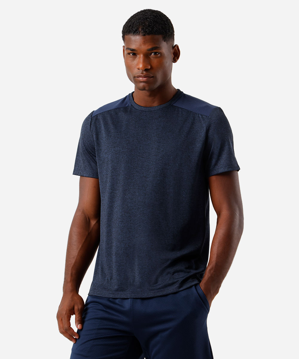 camiseta masculina esportiva com recorte azul