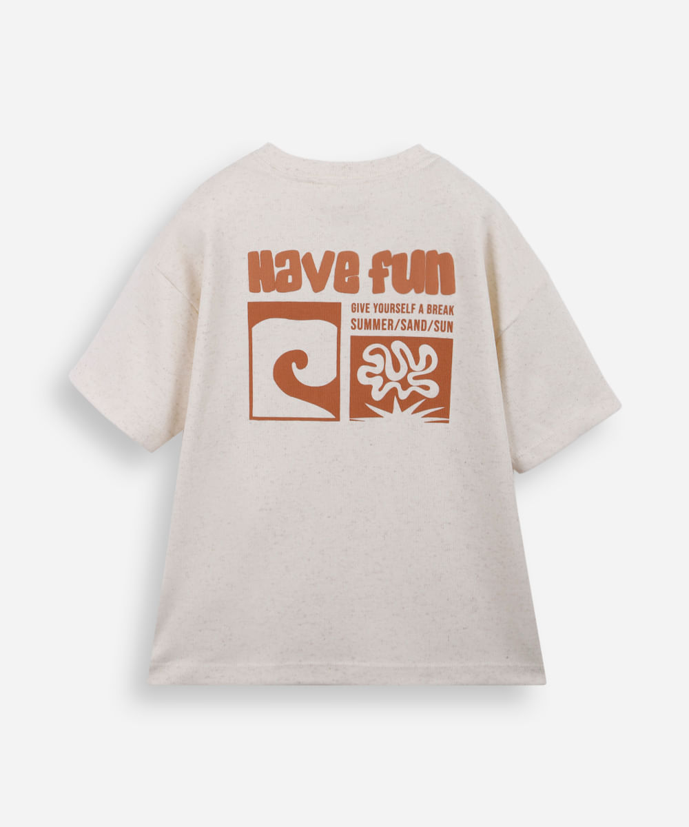 camiseta infantil com linho estampada bege