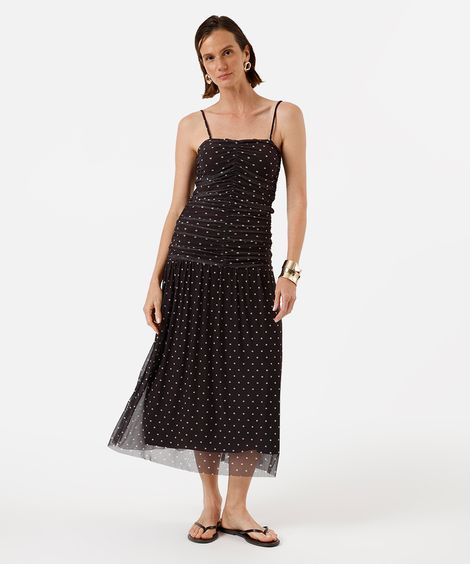 vestido midi alça fina feminino de tule franzido poá marrom