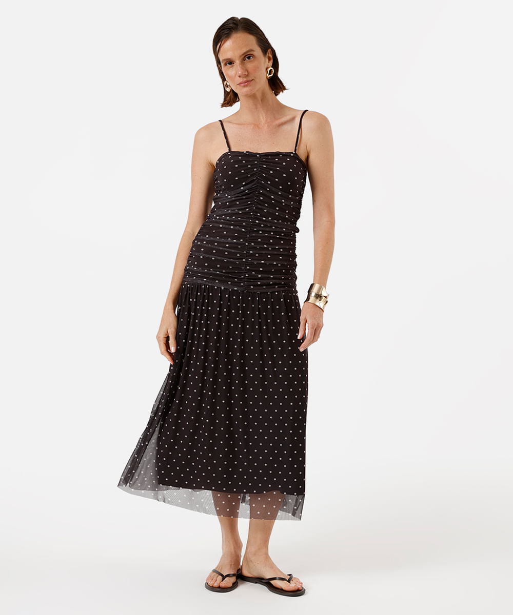 vestido midi alça fina feminino de tule franzido poá marrom