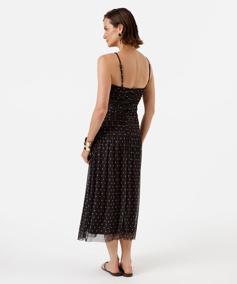 vestido midi alça fina feminino de tule franzido poá marrom