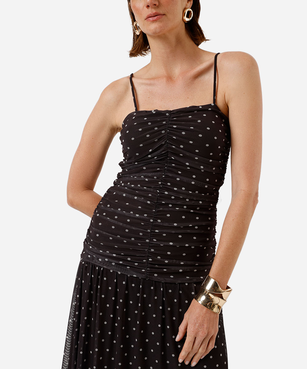 vestido midi alça fina feminino de tule franzido poá marrom