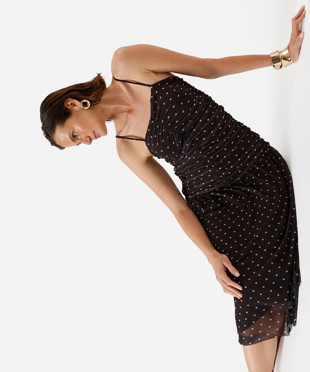 vestido midi alça fina feminino de tule franzido poá marrom