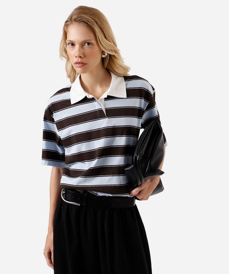 polo feminina de algodão listrada azul