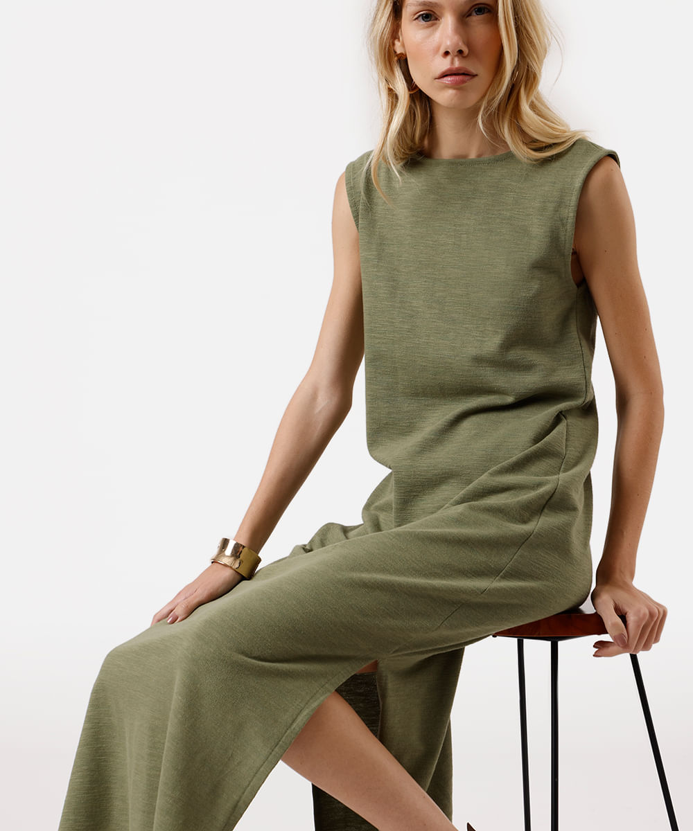 vestido longo feminino de algodão com fendas verde