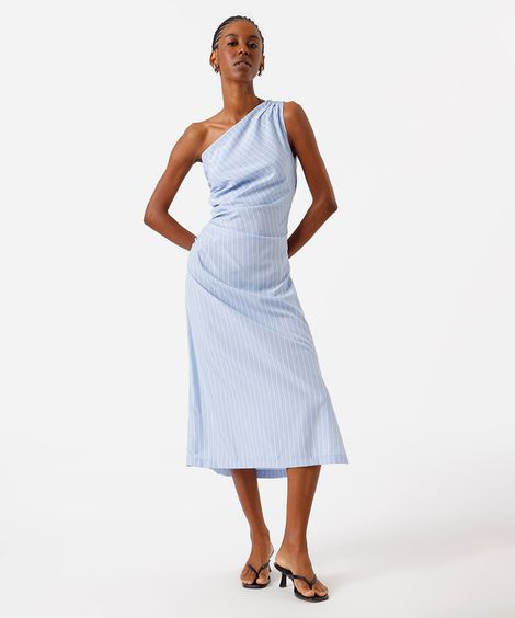 vestido midi feminino ombro único franzido listrado azul