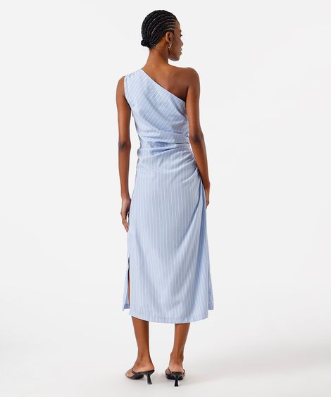 vestido midi feminino ombro único franzido listrado azul