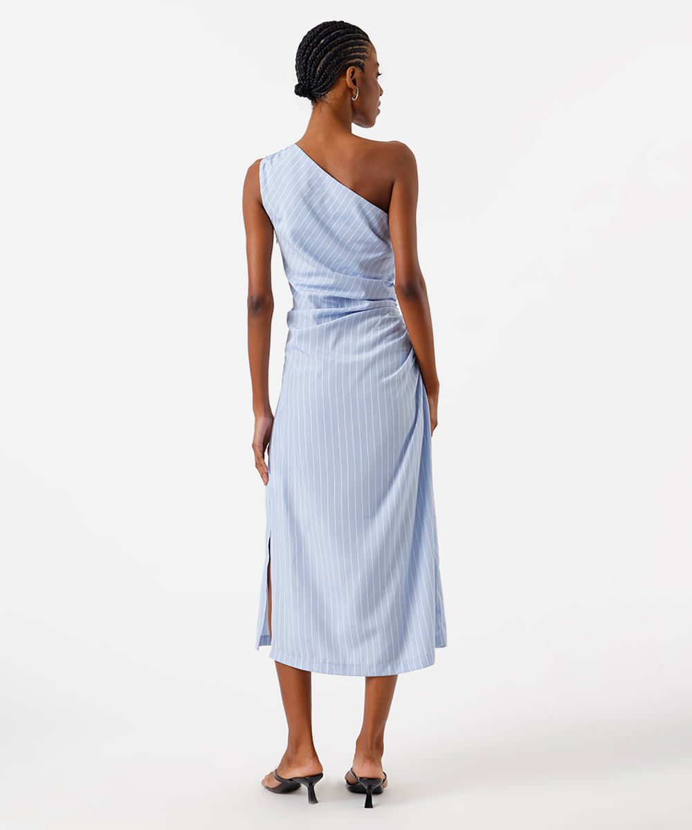 vestido midi feminino ombro único franzido listrado azul