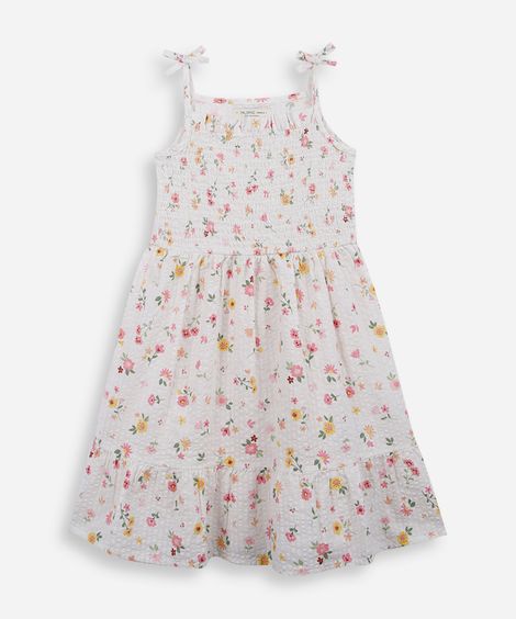 vestido infantil de algodão franzido floral off white