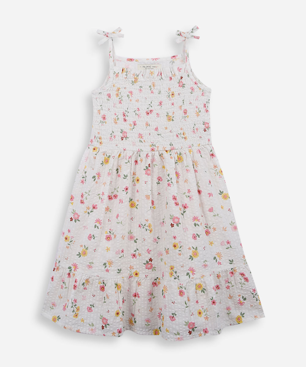 vestido infantil de algodão franzido floral off white