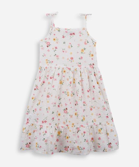 vestido infantil de algodão franzido floral off white