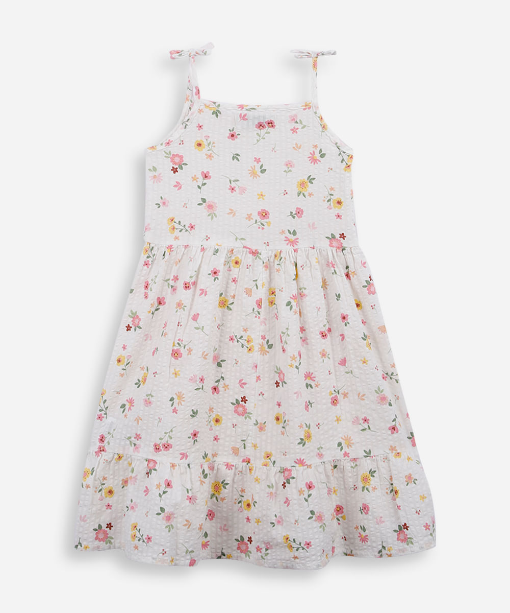 vestido infantil de algodão franzido floral off white