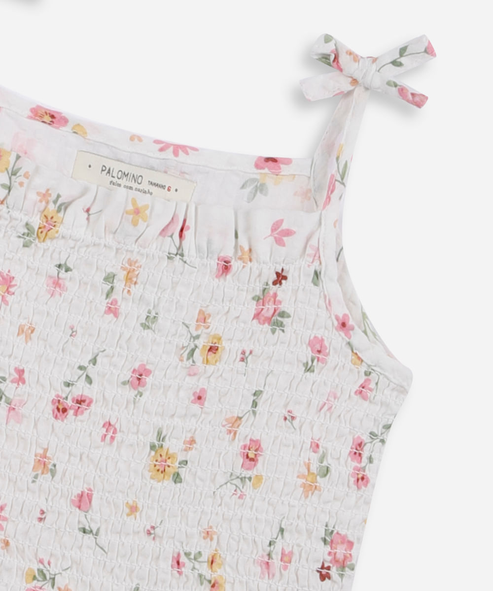 vestido infantil de algodão franzido floral off white