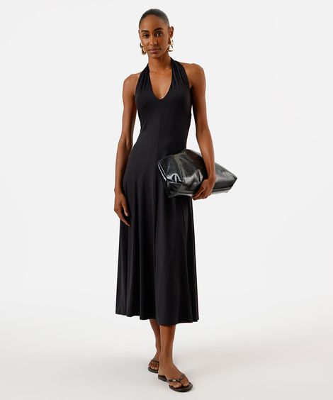 vestido midi feminino frente única com recortes preto