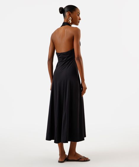 vestido midi feminino frente única com recortes preto