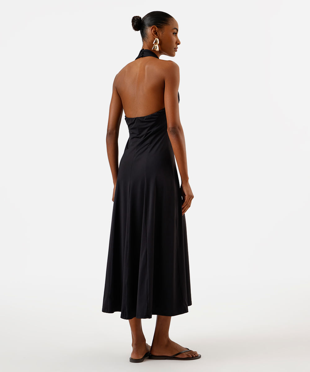 vestido midi feminino frente única com recortes preto