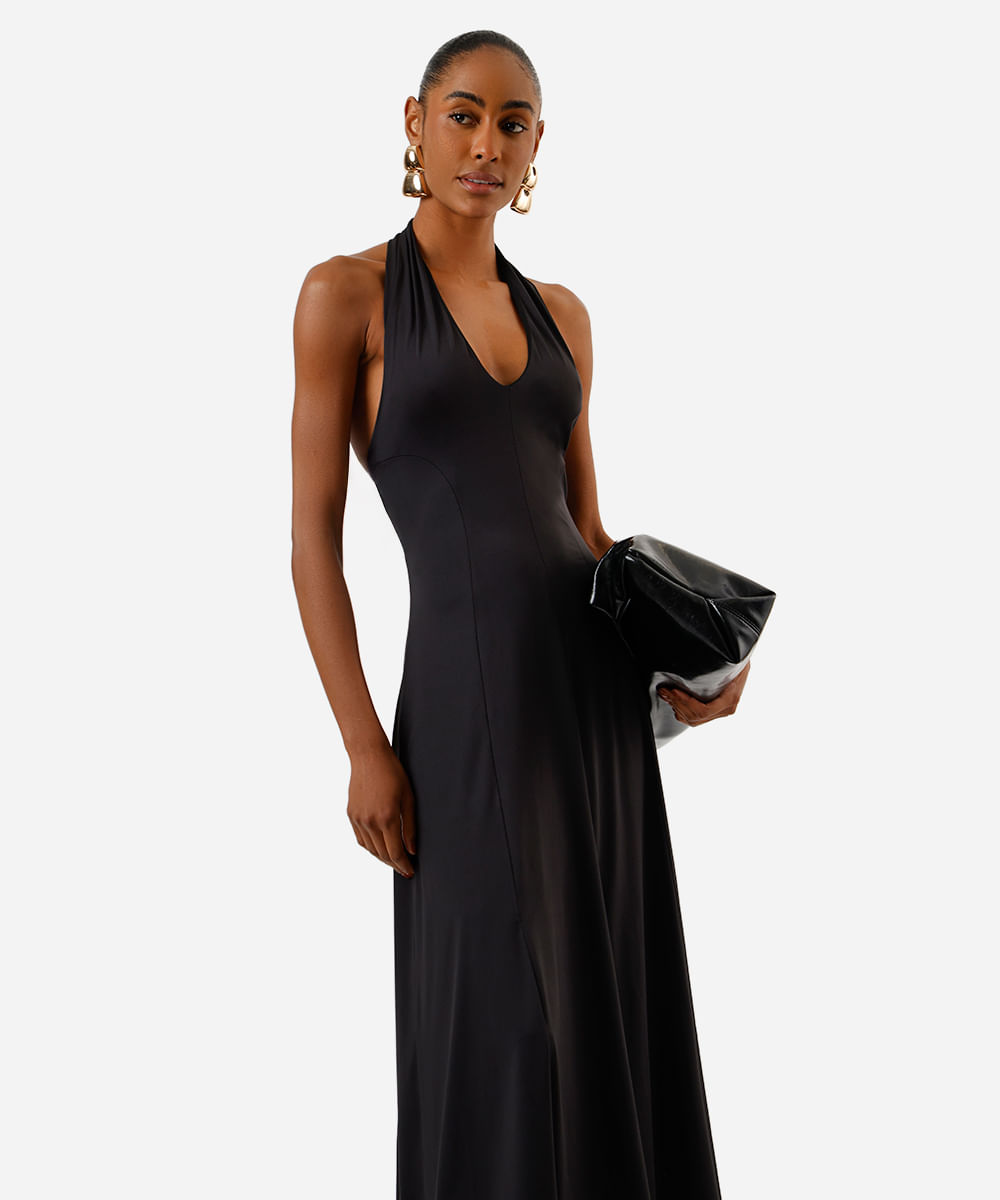 vestido midi feminino frente única com recortes preto