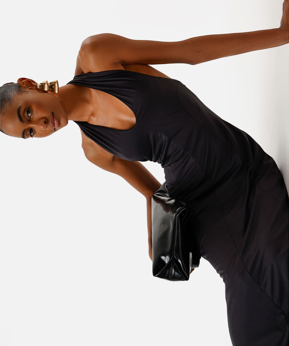 vestido midi feminino frente única com recortes preto