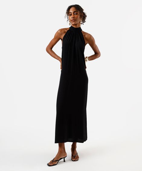 vestido midi feminino de viscose halterneck com amarração texturizado preto