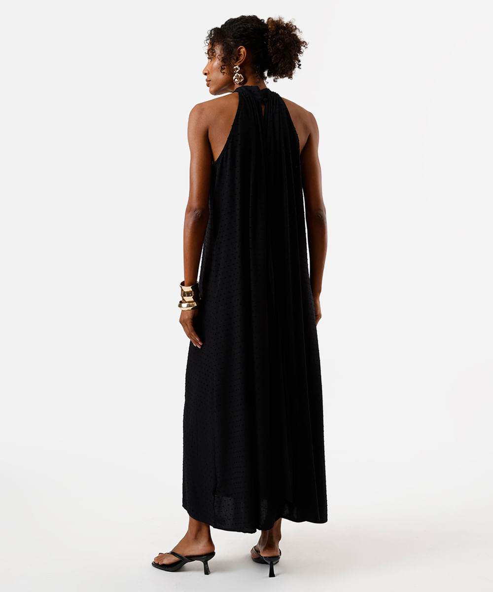 vestido midi feminino de viscose halterneck com amarração texturizado preto