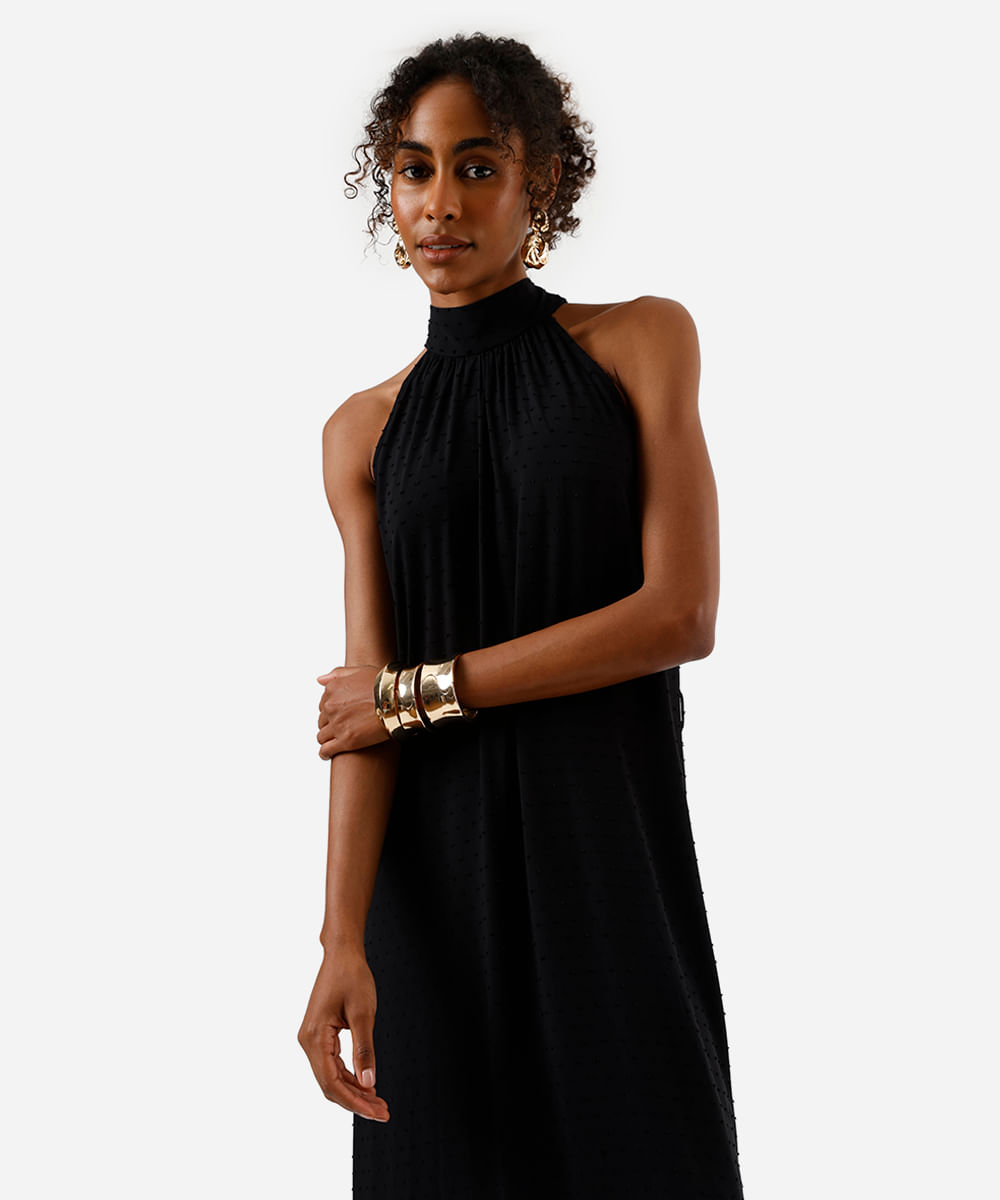 vestido midi feminino de viscose halterneck com amarração texturizado preto