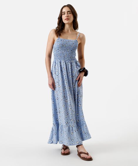 vestido longo feminino de viscose com recorte e lastex floral azul