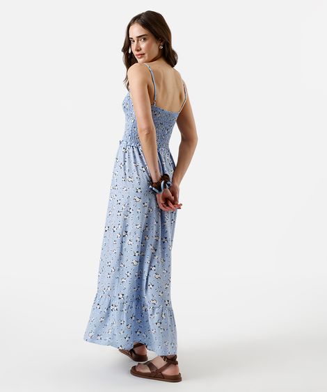 vestido longo feminino de viscose com recorte e lastex floral azul
