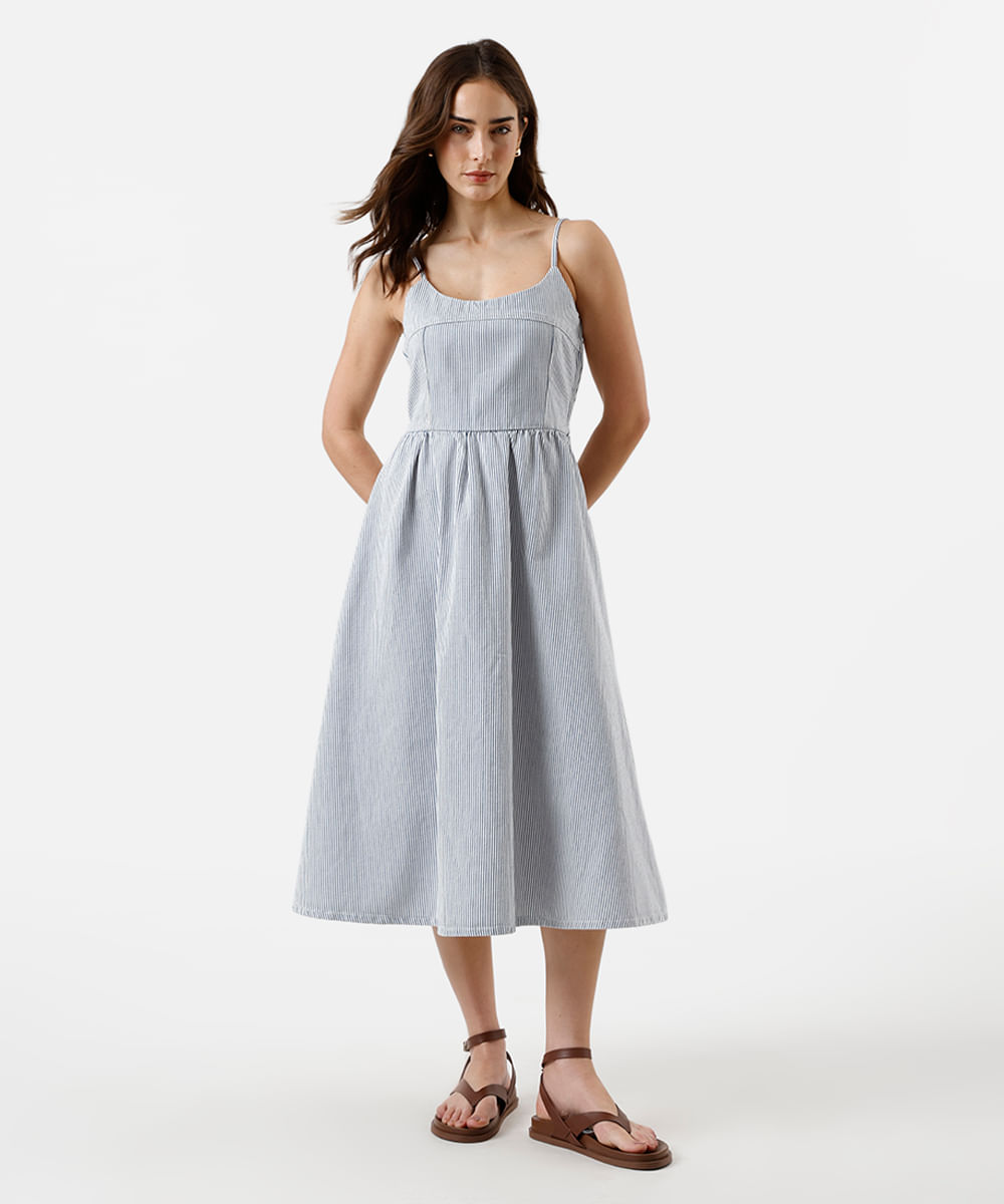 vestido midi feminino de sarja listrado azul