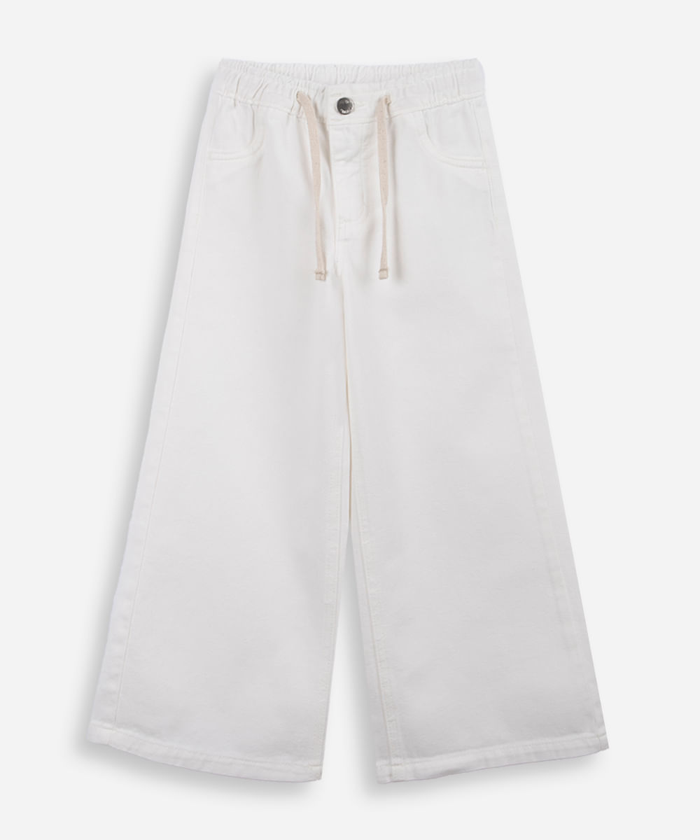 calça wide leg infantil de sarja cós elástico off white