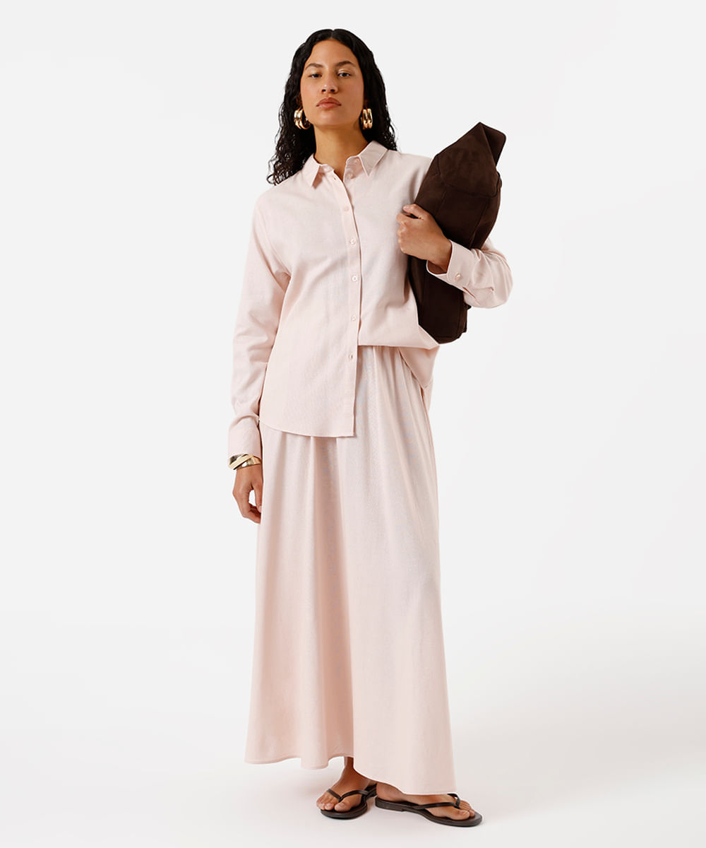 camisa feminina com linho manga longa rosa