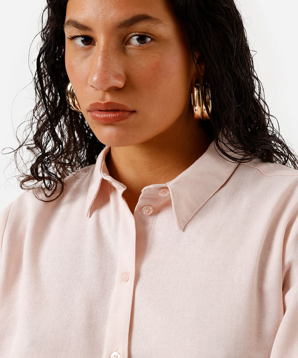 camisa feminina com linho manga longa rosa
